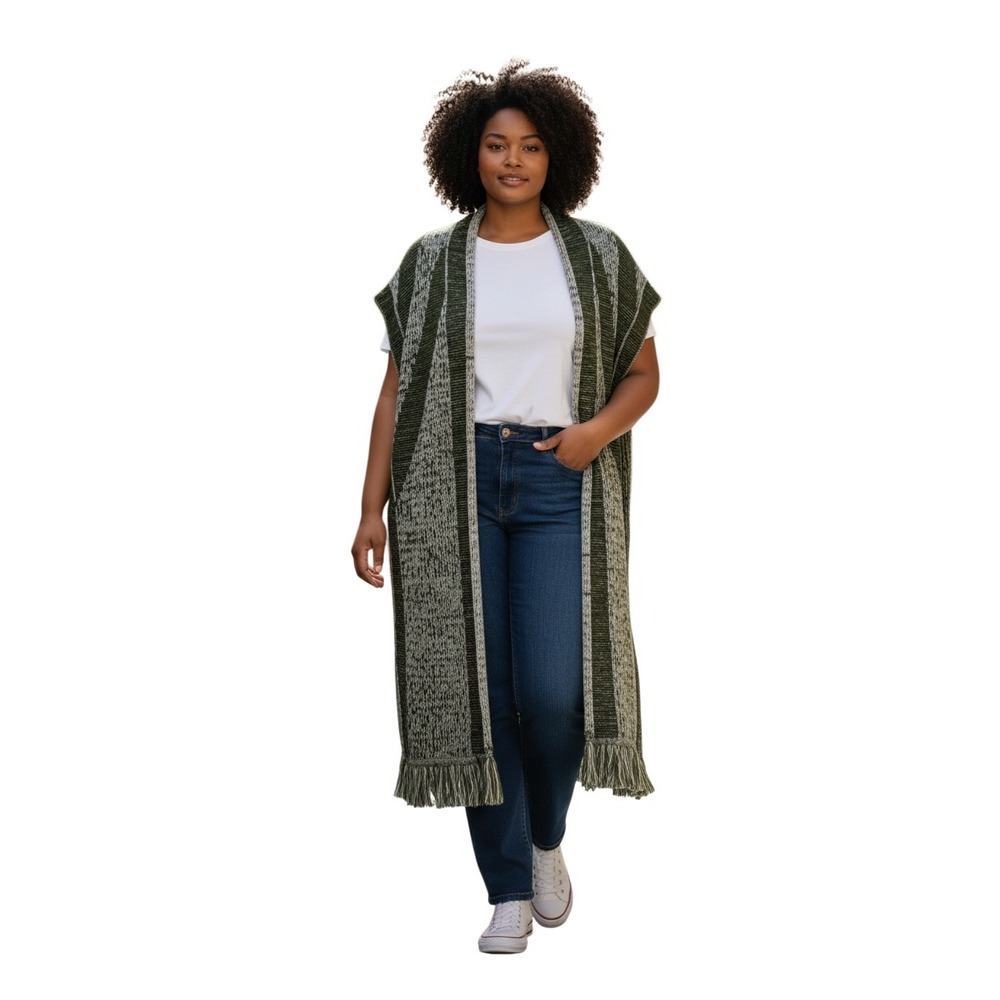 Ashley Stewart Womens Long Knit Duster Cardigan Vest Olive Green Fringe SZ 14/16